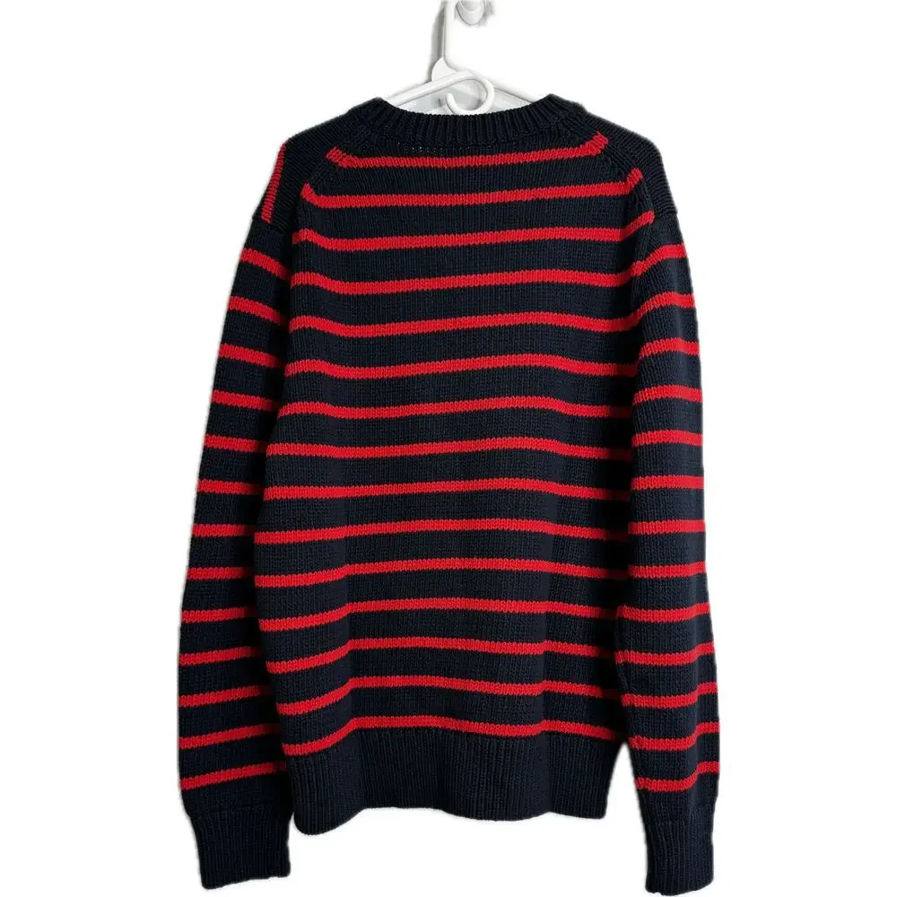 J.Crew Fisherman Knit Preppy Crewneck Darkest Indigo Navy Red Stripe Sweater L
